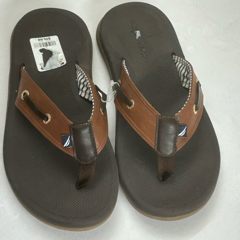 Men's Brown Leather-Trim Flip Flop Sandals